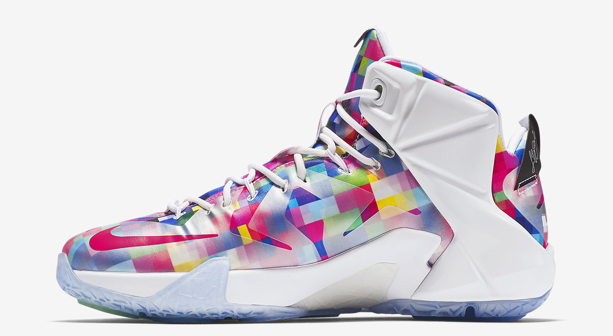 white lebrons with rainbow bottom