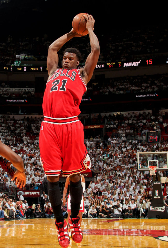 Jimmy Butler wearing adidas Crazy 8 Red White Black