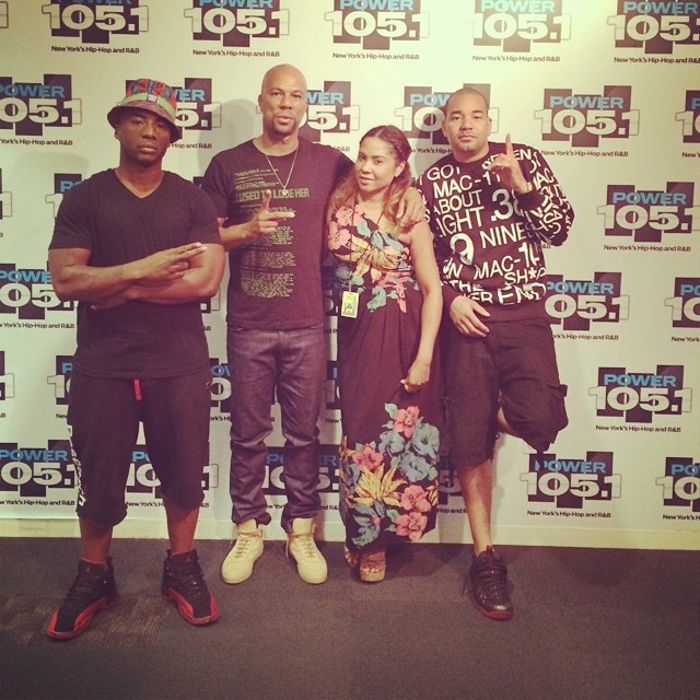 Charlamagne wearing Air Jordan XII 12 Flu Game; DJ Envy wearing Nike Air Foamposite One Cough Drop