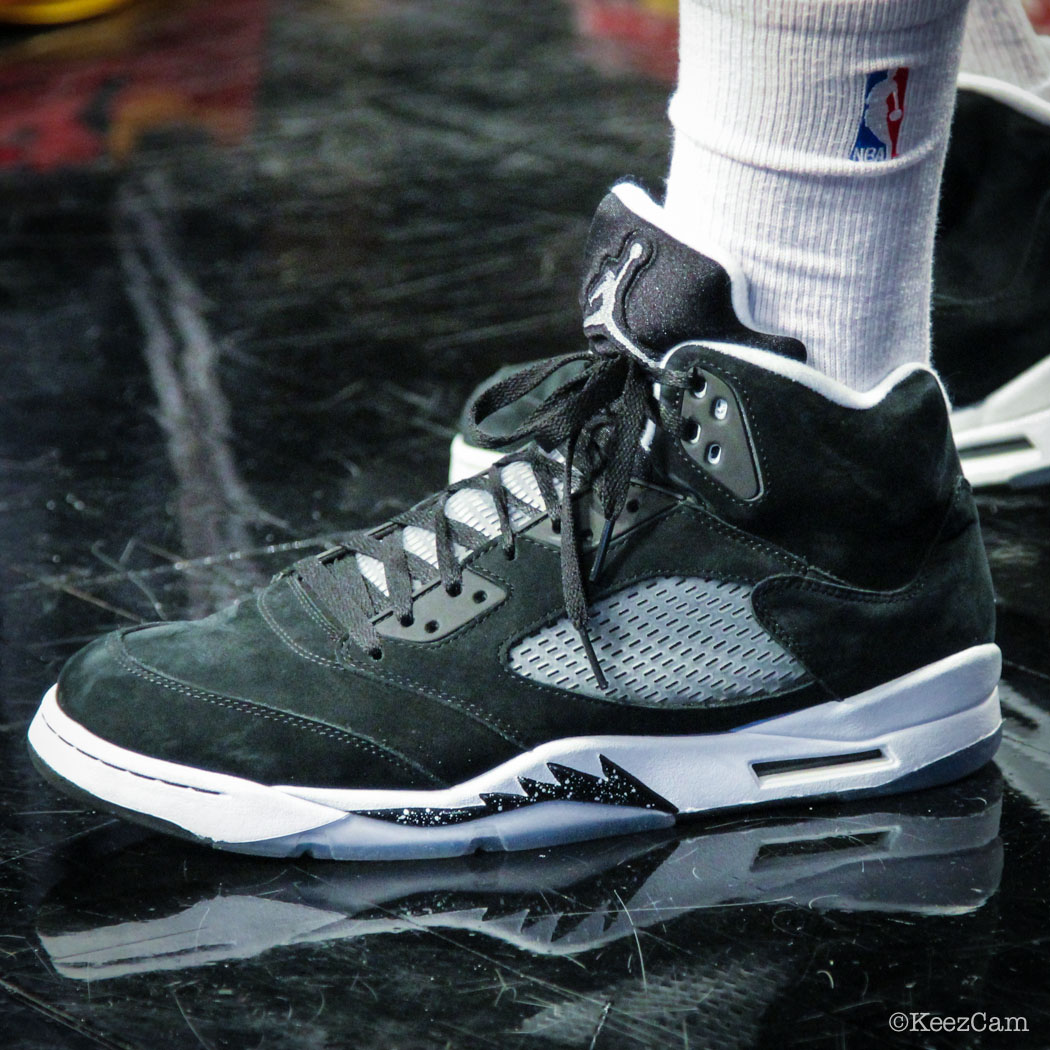 Sole Watch // Up Close At Barclays for Nets vs Cavs - Carrick Felix wearing Air Jordan 5 Retro Oreo