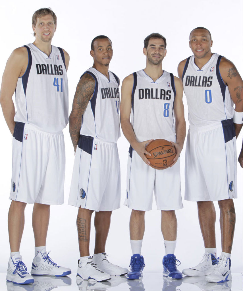 Dirk Nowitzki wearing Nike Hyperdunk 2012; Monta Ellis wearing Air Jordan VII 7 Retro Orlando; Jose Calderon wearing adidas Crazyquick; Shawn Marion wearing Nike Hyperfuse 2013 PE