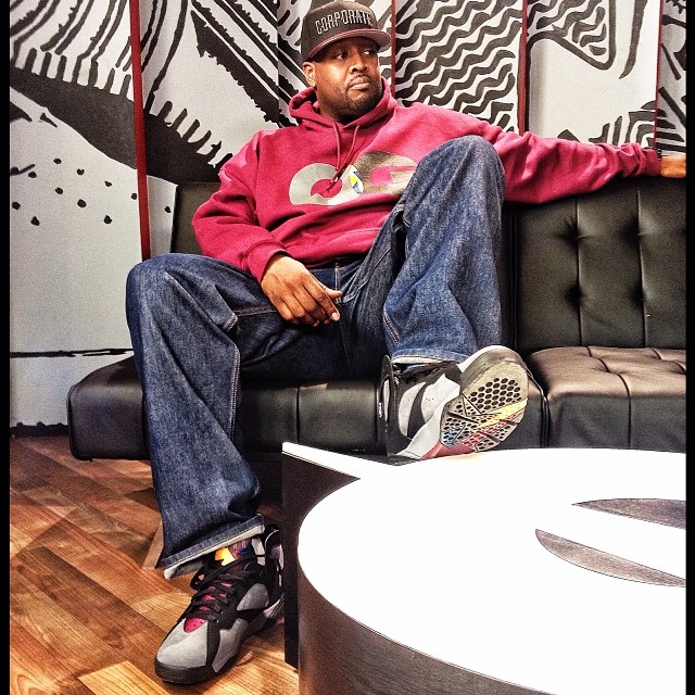 DJ Clark Kent wearing Air Jordan 7 Bordeaux