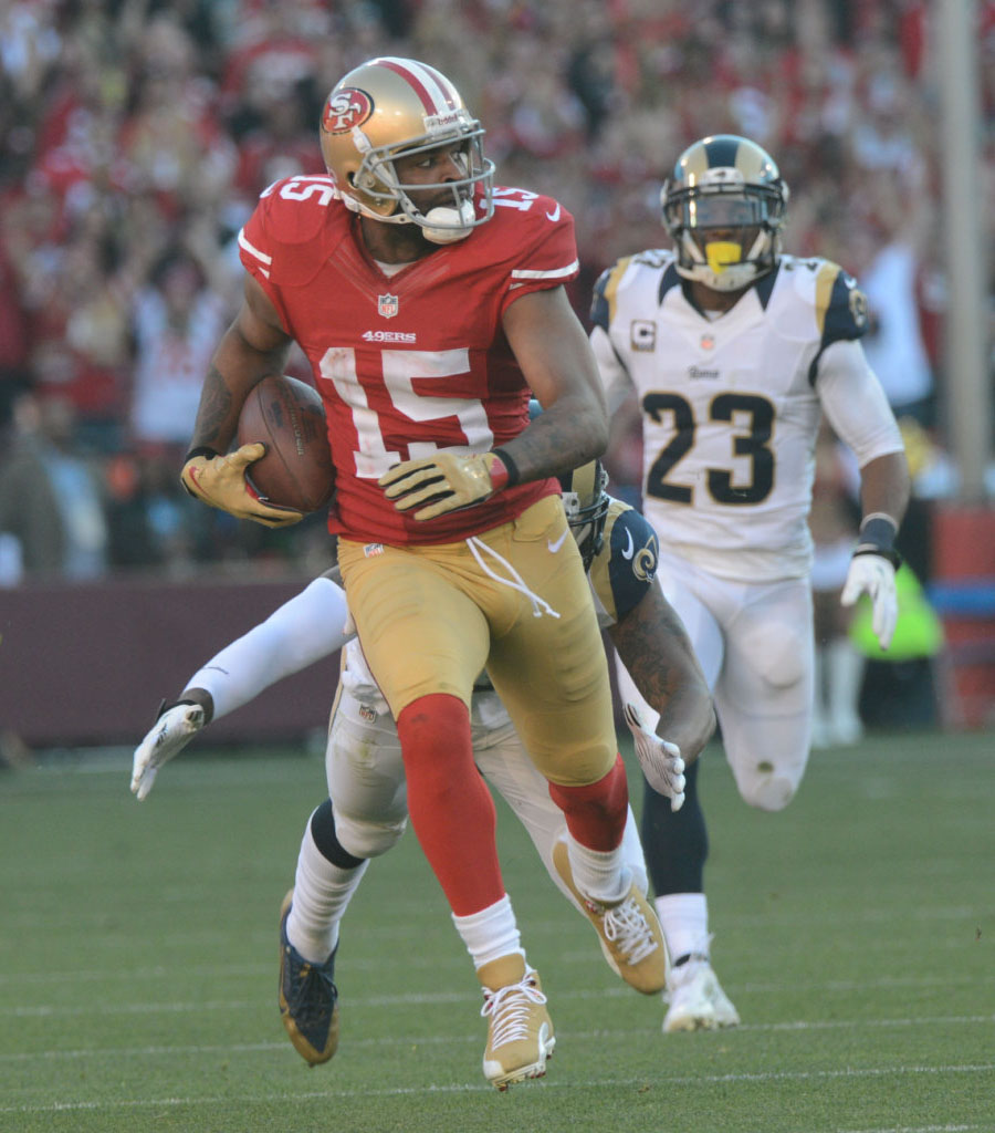 Michael Crabtree wearing Air Jordan 12 49ers Gold PE Cleats (1)