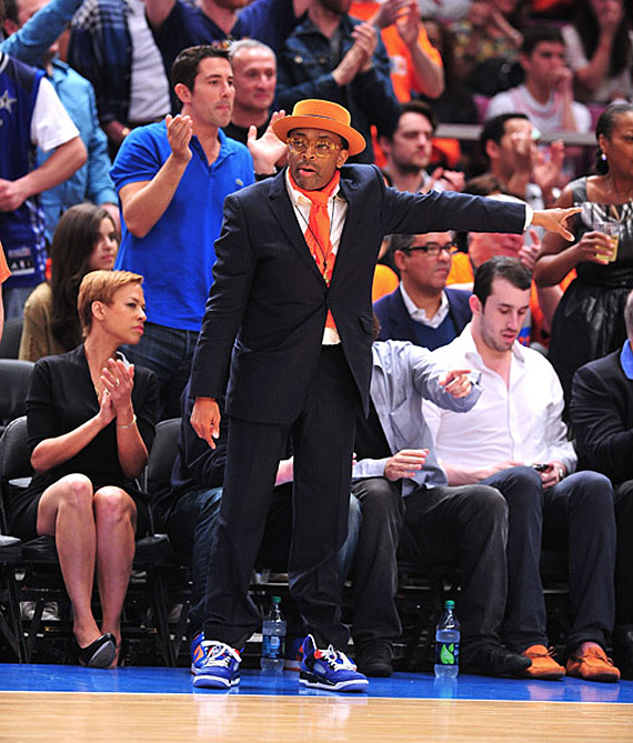 Spike Lee wearing Blue Knicks Jordan Spiz'ike Against Celtics