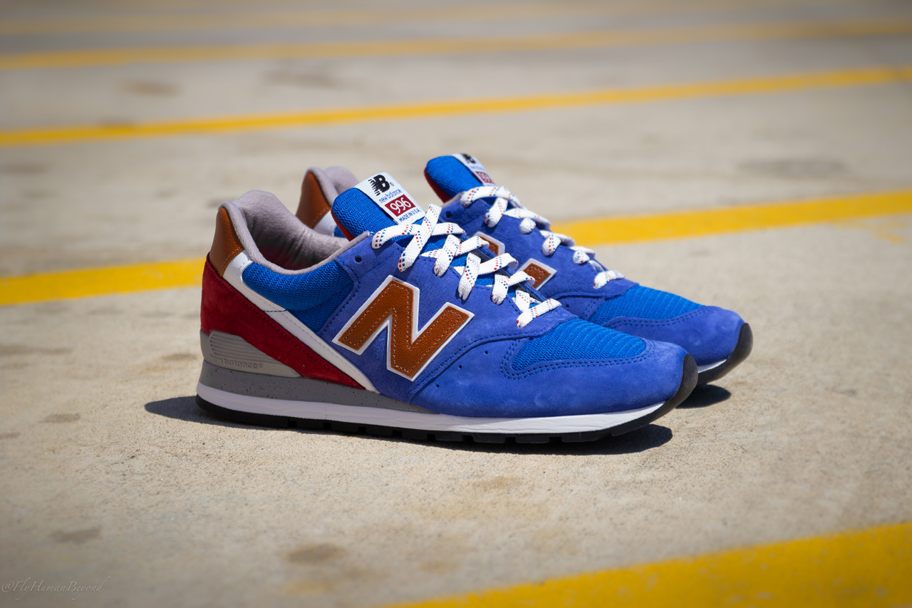 red and blue new balance shoes