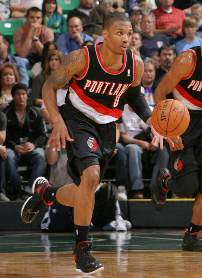 Damian Lillard wearing adidas Rose 773 Away