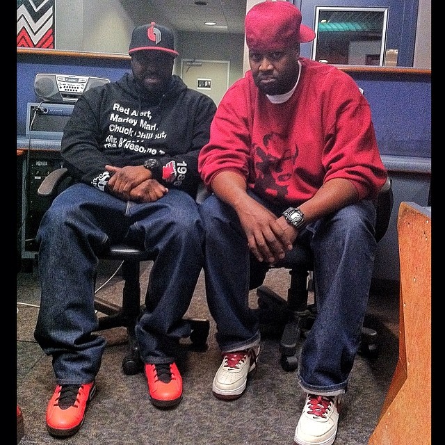 DJ Funk Flex wearing Air Jordan VI 6 Infrared 23; DJ Clark Kent wearing Nike Air Force 1 Matrix