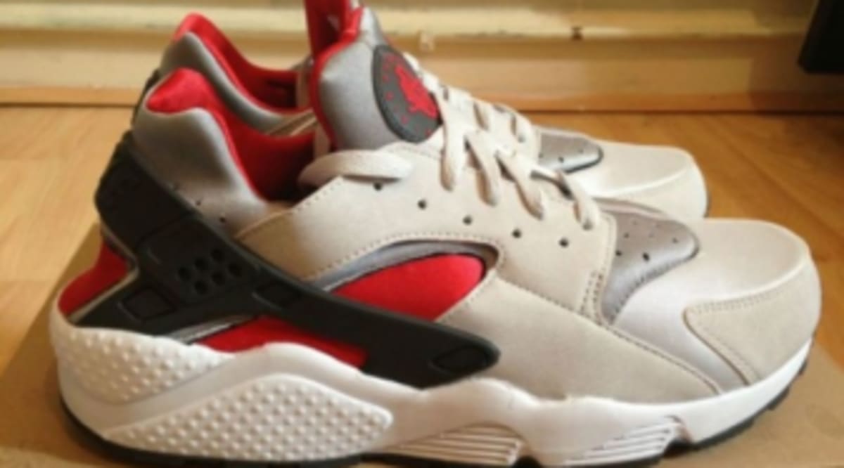 grey and red huaraches