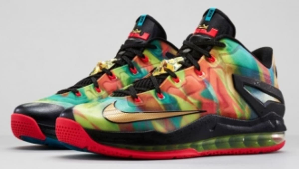 white lebrons with rainbow bottom