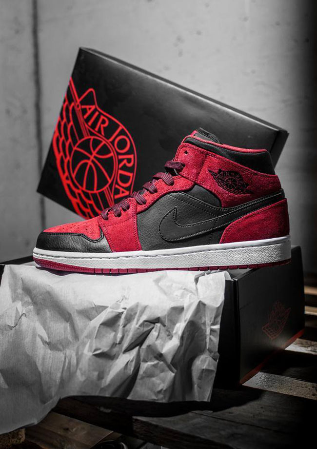 Air Jordan 1 Mid in Red and Black Suede 