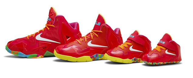 Nike LeBron 11 GS Laser Crimson Fruity Pebbles lineup