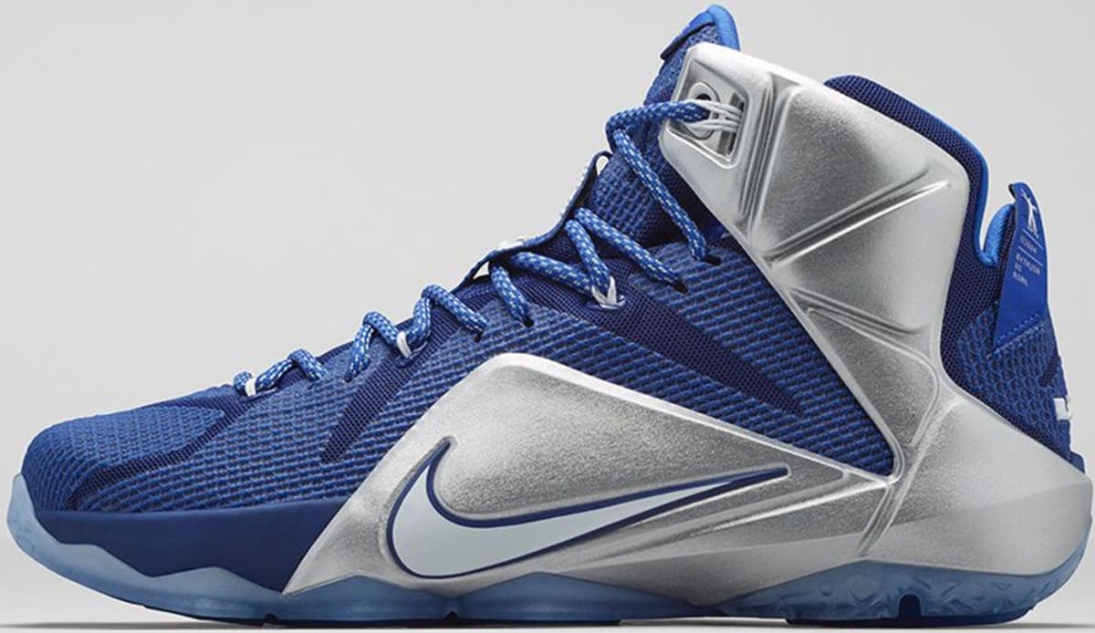 white and blue lebrons