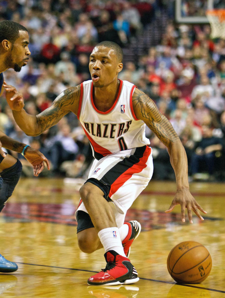 Damian Lillard wearing adidas Rose 773 Light Scarlet