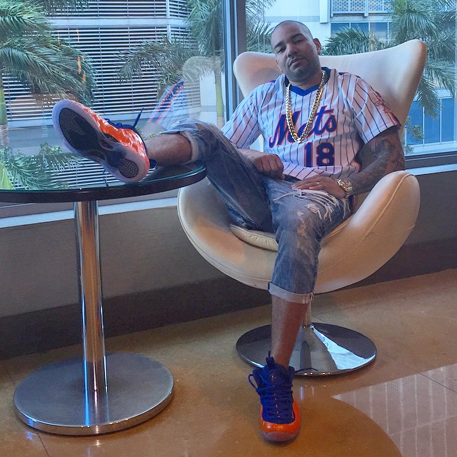 DJ Envy wearing Nike Air Foamposite One Knicks