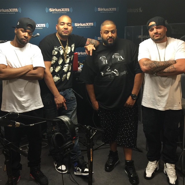 DJ Envy wearing the fragment x Air Jordan I 1; DJ Khaled wearing the Air Jordan 11Lab4