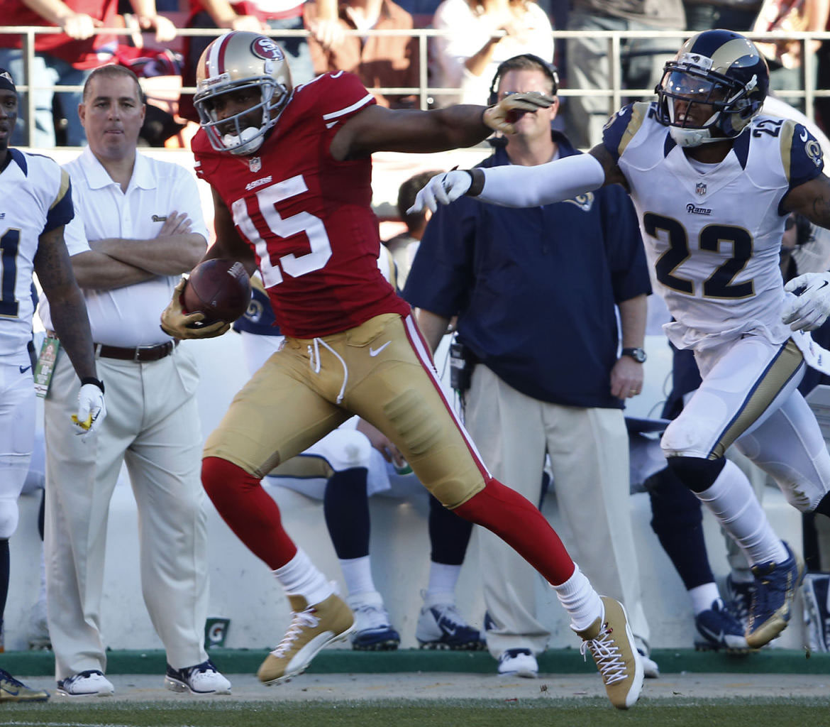 Michael Crabtree wearing Air Jordan 12 49ers Gold PE Cleats (5)