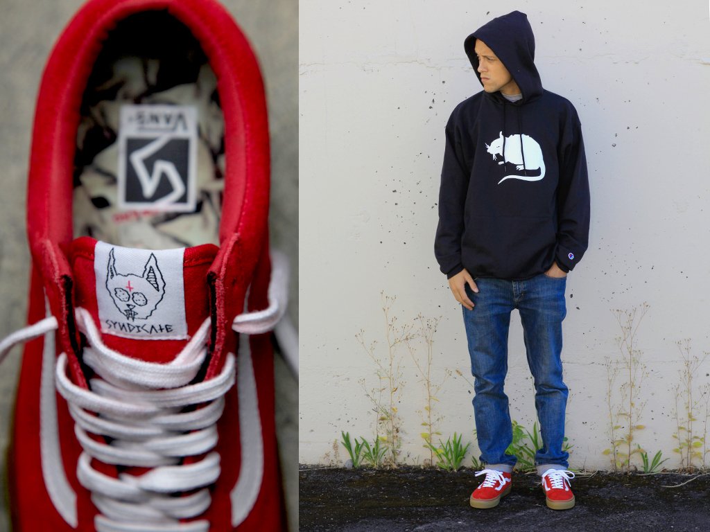 red old skool vans on feet