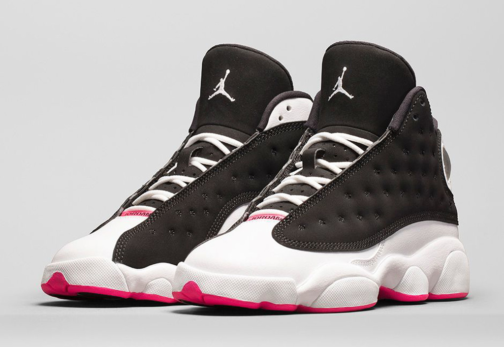 pink black and white jordans 13