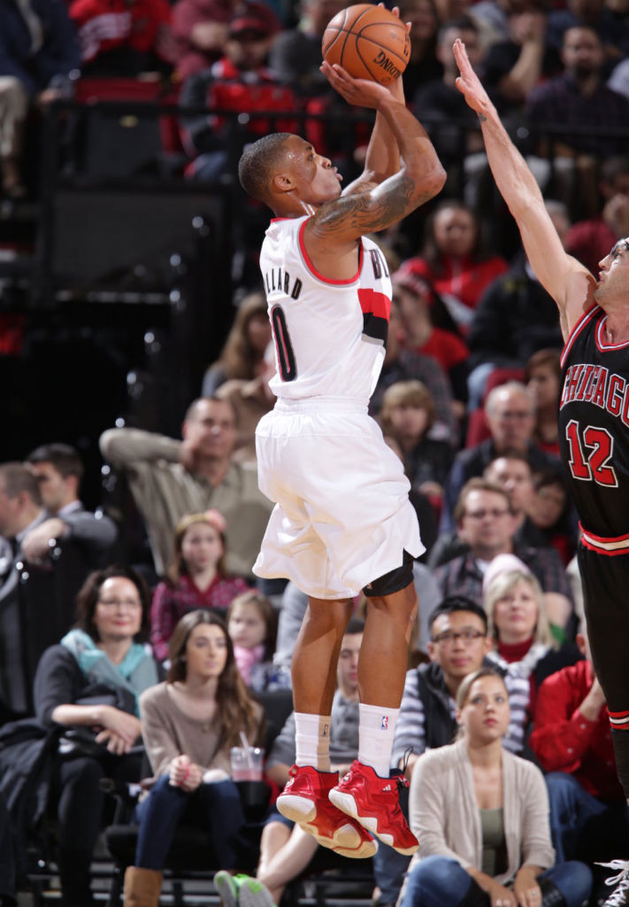 Damian Lillard wearing adidas Top Ten 2000 Light Scarlet