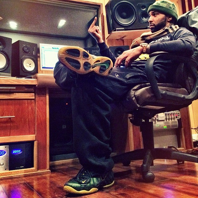 Joe Budden wearing Nike Air Foamposite Pro Custom