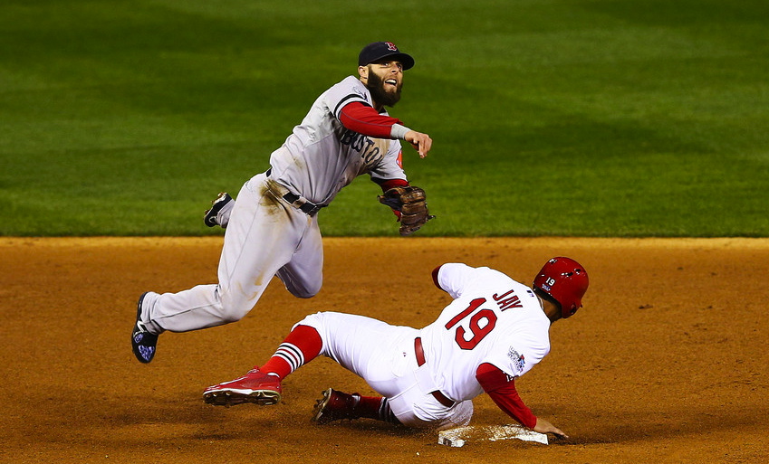 Jon Jay slides into Dustin Pedroia in the 2013 World Series