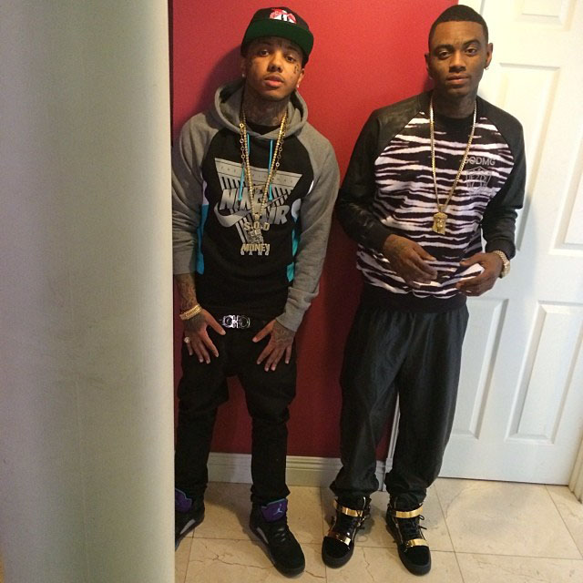 Soulja Boy wearing Giuseppe Zanotti Sneakers; Arab wearing Air Jordan 5 Retro Grape