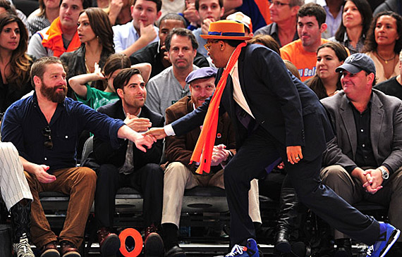 Spike Lee wearing Blue Knicks Jordan Spiz'ike Against Celtics