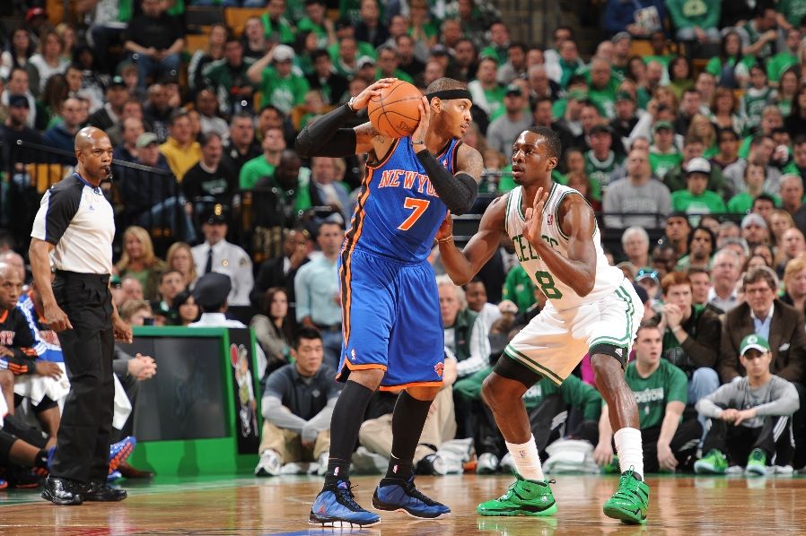 Carmelo Anthony wearing the Jordan Melo M7; Jeff Green wearing the Nike Zoom Sharkley