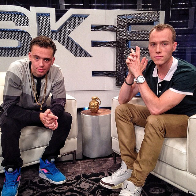 DJ Skee wearing Air Jordan 3 III Mocha; Logic wearing Reebok Twilight Zone Pump Cycle Blue