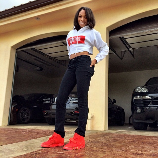 Allyson Felix wearing Nike Air Yeezy 2 Red October