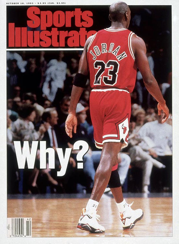 Michael Jordan wears 'Cardinal' Air Jordan 7 on October 1993 Sports Illustrated