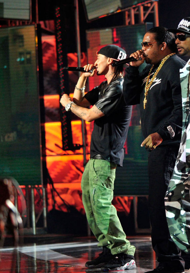 Bizzy Bone wearing Air Jordan 8 VIII Retro Playoffs