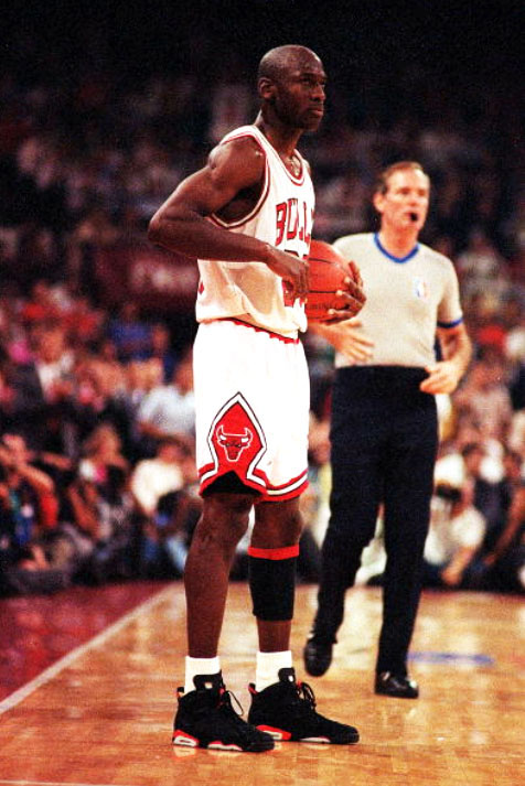 Michael Jordan wearing Black Infrared Air Jordan VI (6