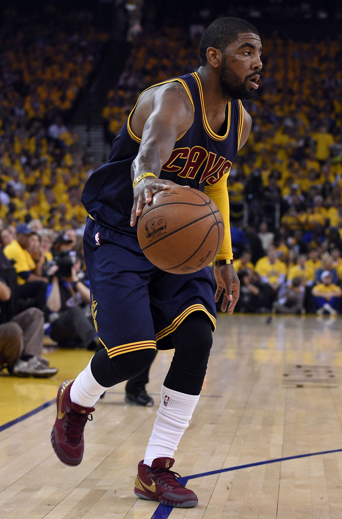Kyrie Irving wearing a Wine/Gold Nike Kyrie 1 PE for Game 1 of the