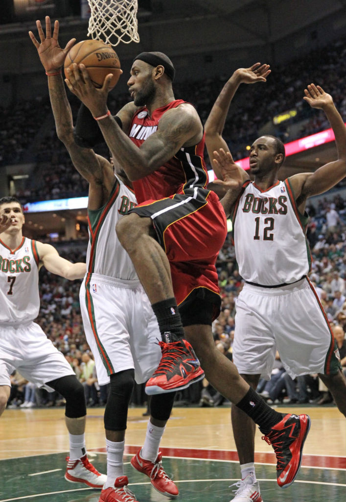 LeBron James wearing Nike LeBron X PS Elite Red Black PE (5)