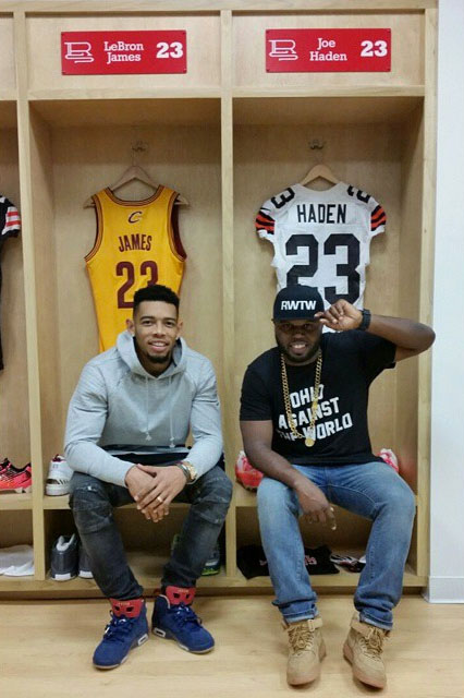 Joe Haden wearing Air Jordan VI 6 Doernbecher; DJ Steph Floss wearing Nike Air Force 1 Mid Wheat