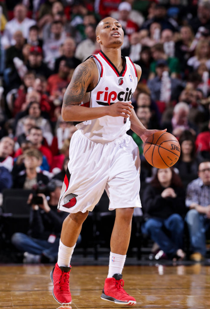 Damian Lillard wearing adidas Rose 3 Brenda