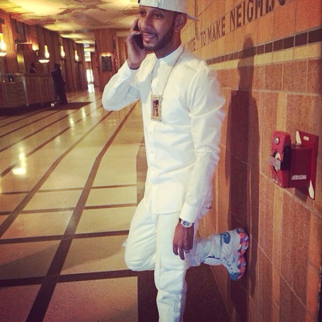 Swizz Beatz wearing Reebok Question White Noise