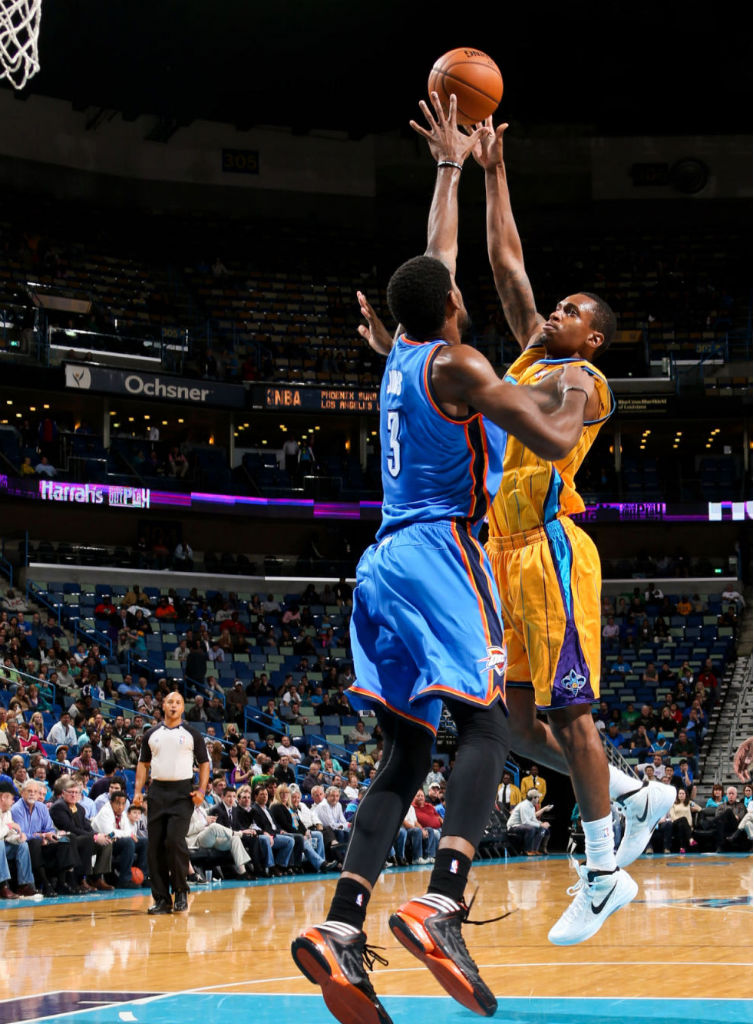 Perry Jones wearing adidas adizero Crazy Light 2 Black Orange