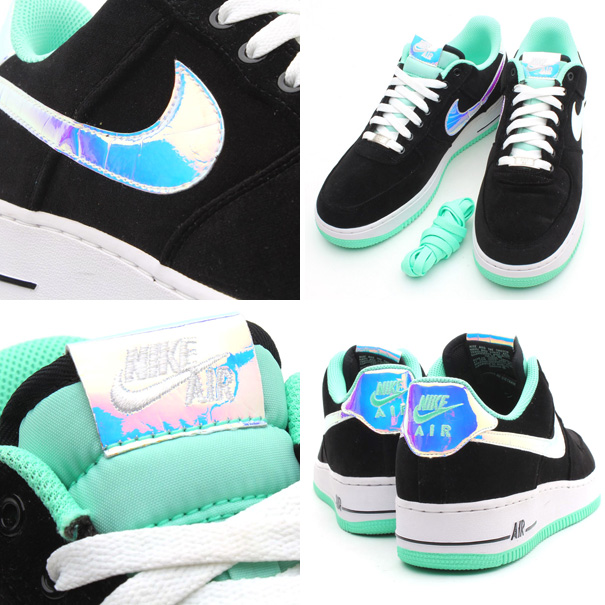 Nike air force 1 low black shiny store silver green glow