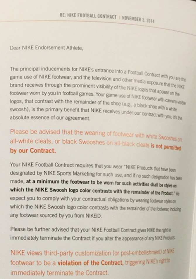Nike Threatens NFL Contracts Custom Cleats |