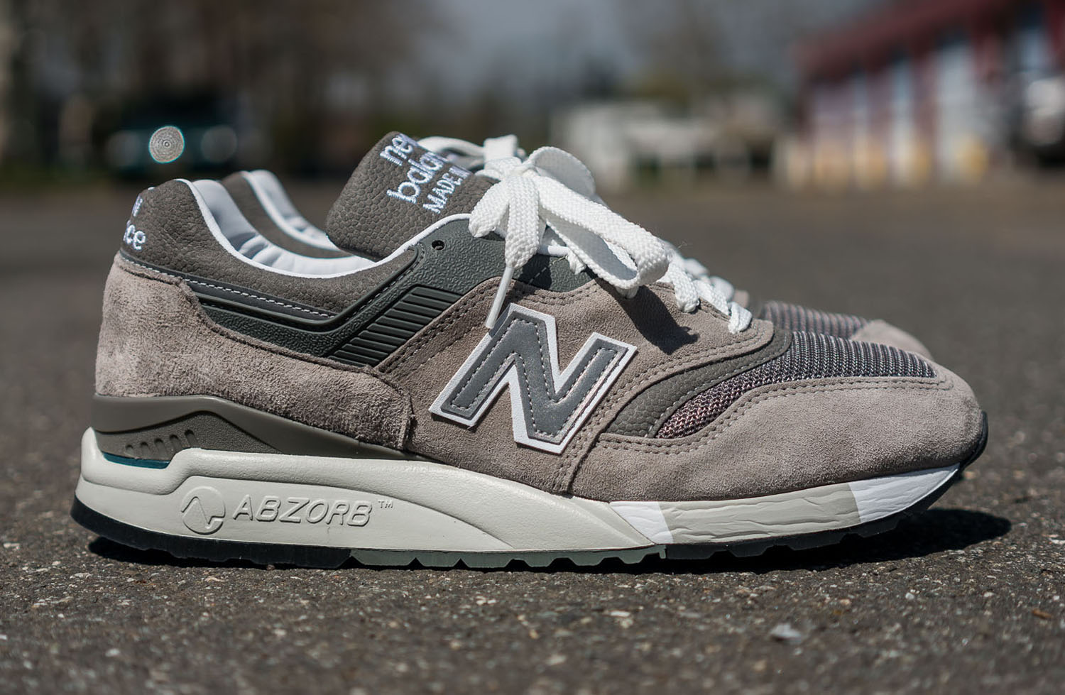 new balance 997 grey on feet
