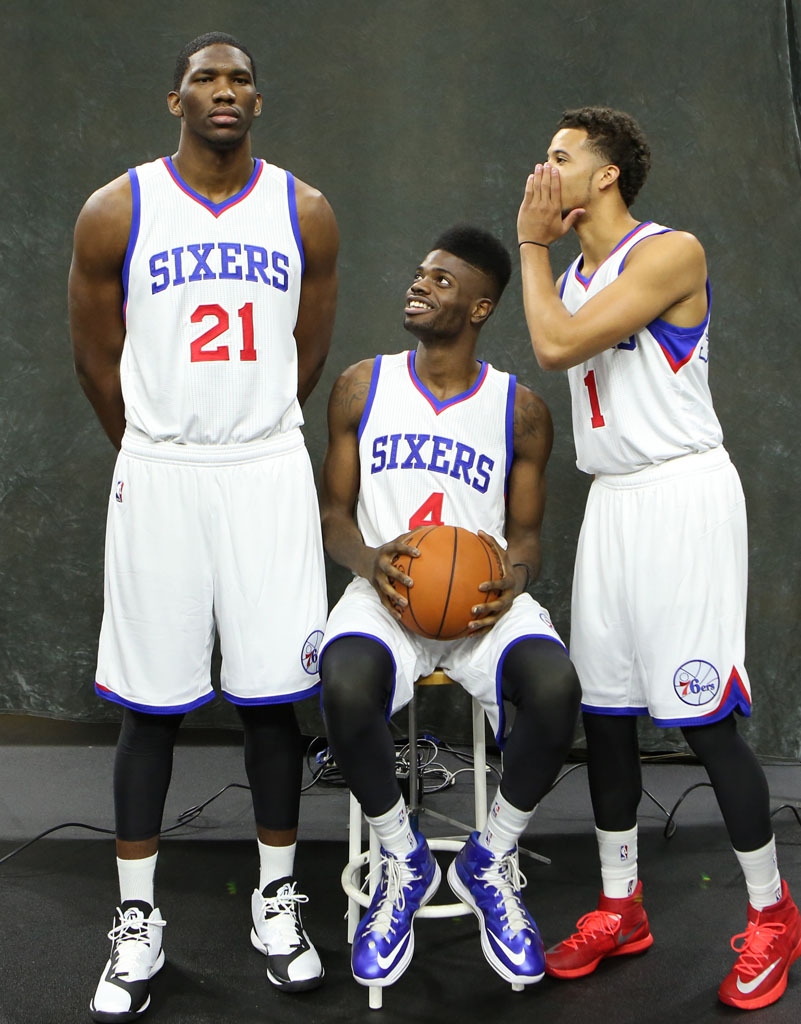 Joel Embiid wearing adidas D Rose 773 III 3; Nerlens Noel wearing Nike LeBron X 10 PE; Michael Carter Williams wearing Nike Zoom HyperRev