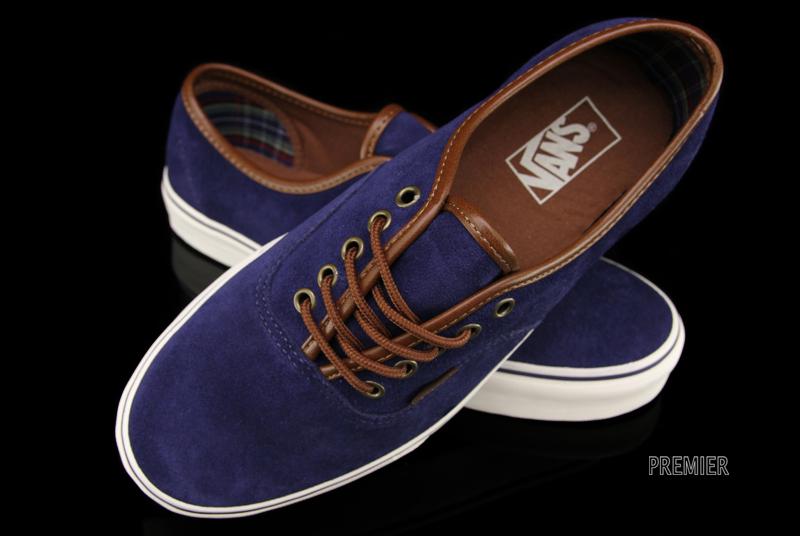 navy blue vans with brown laces