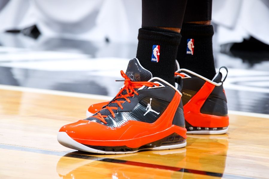 Carmelo Anthony wearing Jordan Melo M8 Playoffs Anthracite Orange