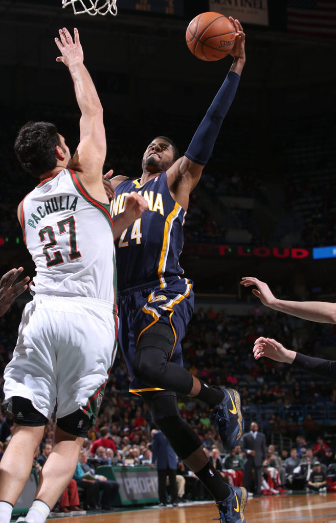 Paul George wearing Nike Zoom Crusader Navy/Yellow PE