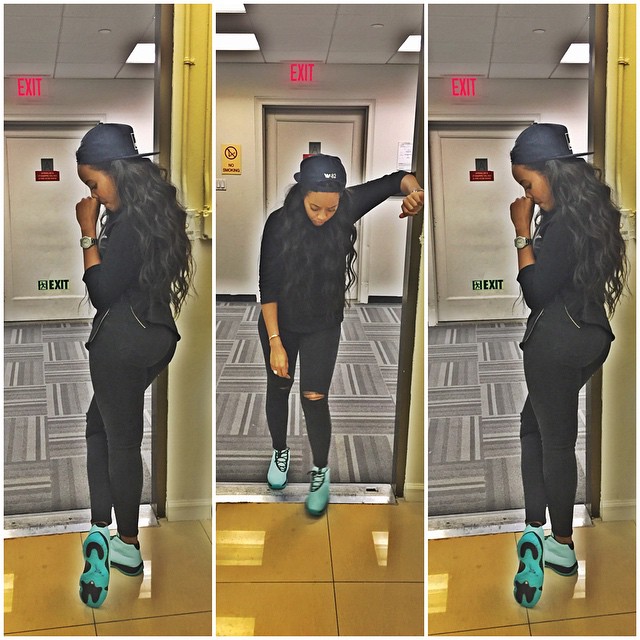 Angela Simmons wearing Air Jordan Future Bleached Turquoise