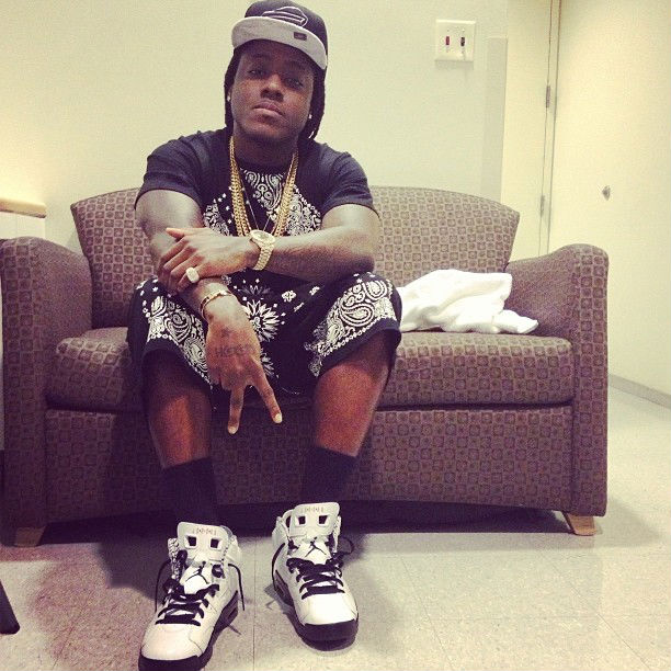 Ace Hood wearing Air Jordan 6 VI Retro Motorsports