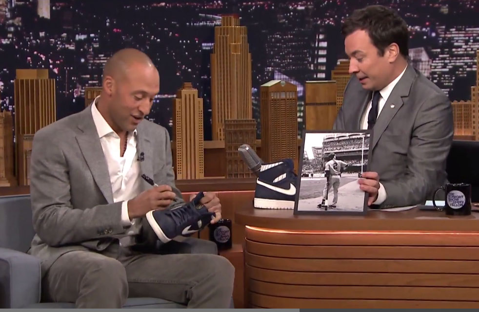 Derek Jeter Signs His Air Jordan 1 for Jimmy Fallon on The Tonight