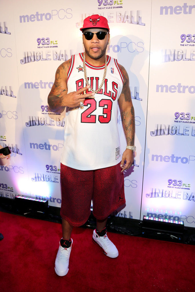 Flo-Rida wearing Air Jordan 5 Retro Fire Red